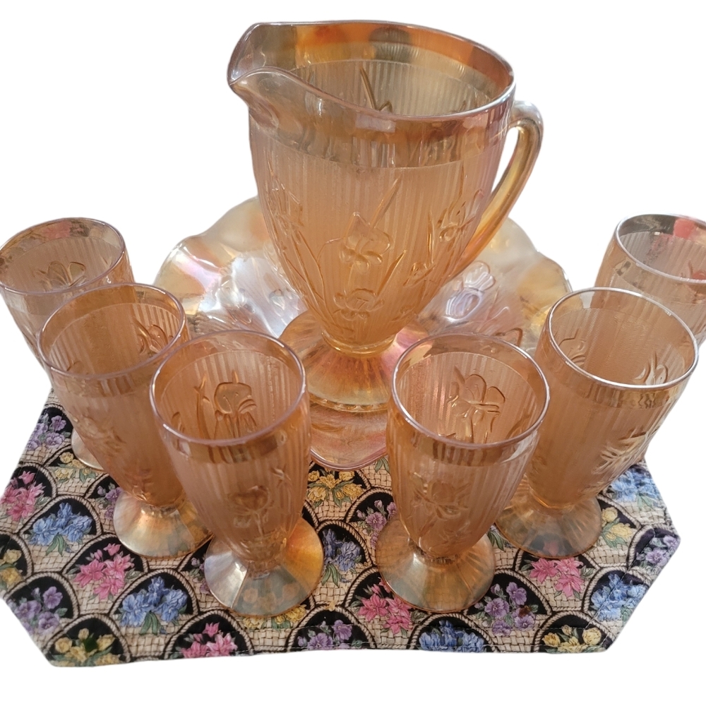Vintage Iridescent Iris Jeanette Herringbone Marigold Pitcher